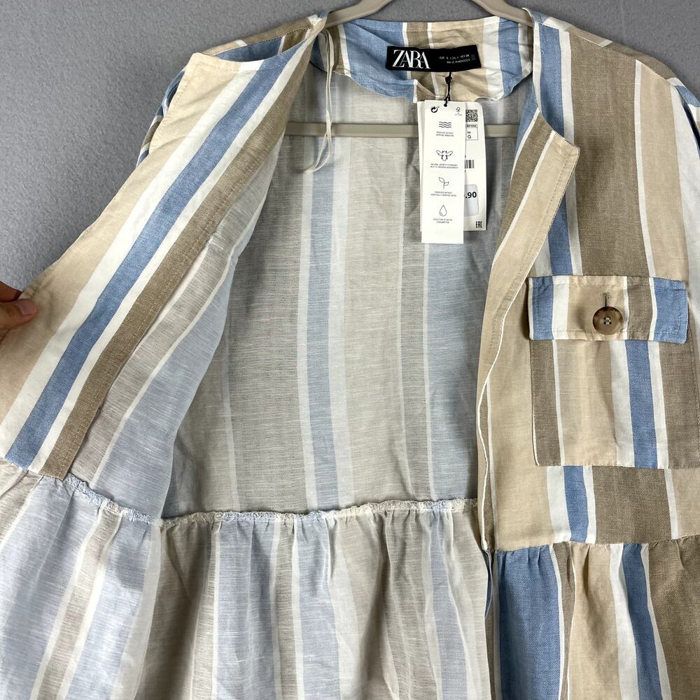 Zara Jacket Womens Large Striped Blue Linen BlendOpen Front Peplum Coastal NWT - Picture 10 of 16